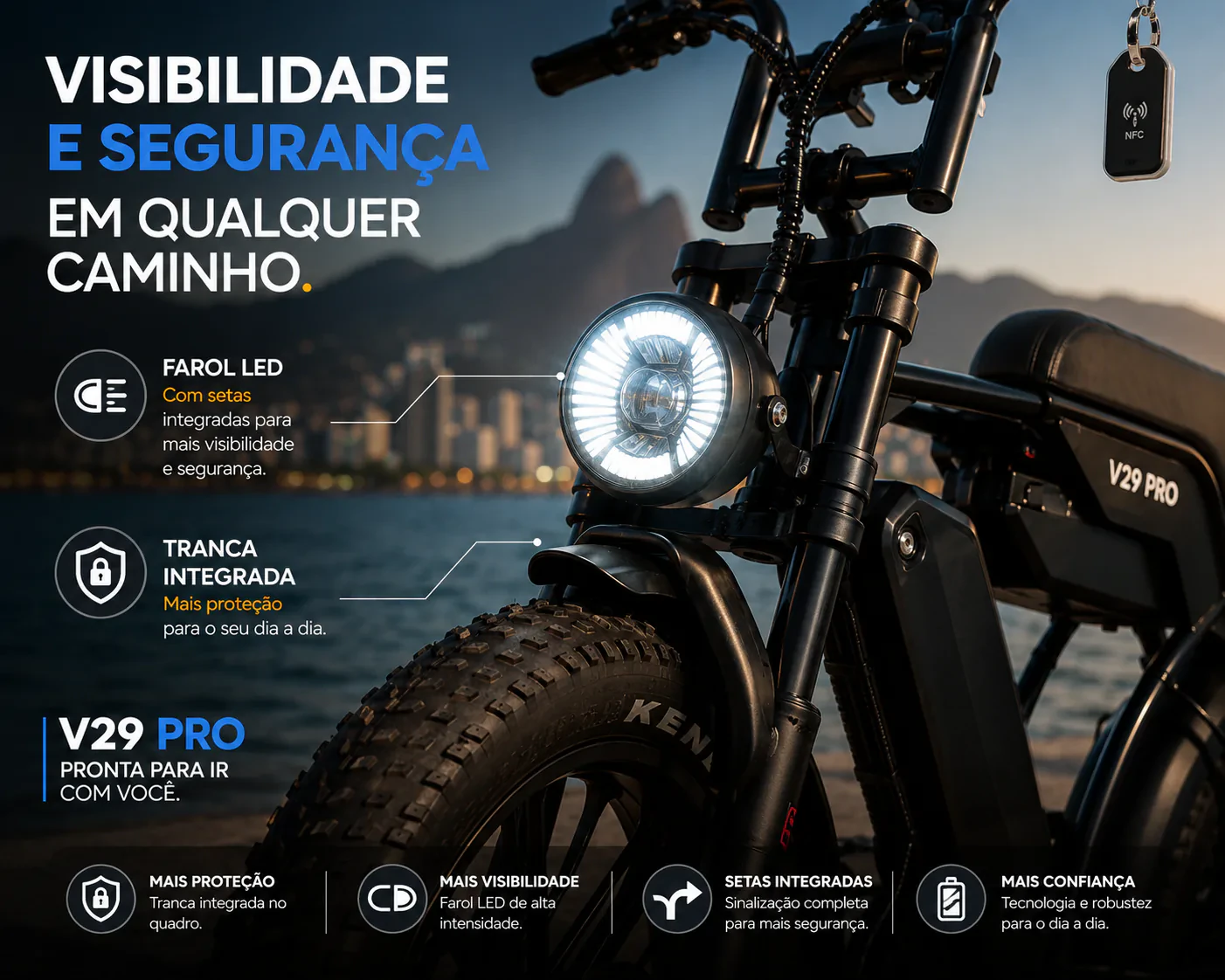 Infográfico da V29 Pro: farol LED de alta visibilidade, tranca integrada e setas integradas para mais segurança